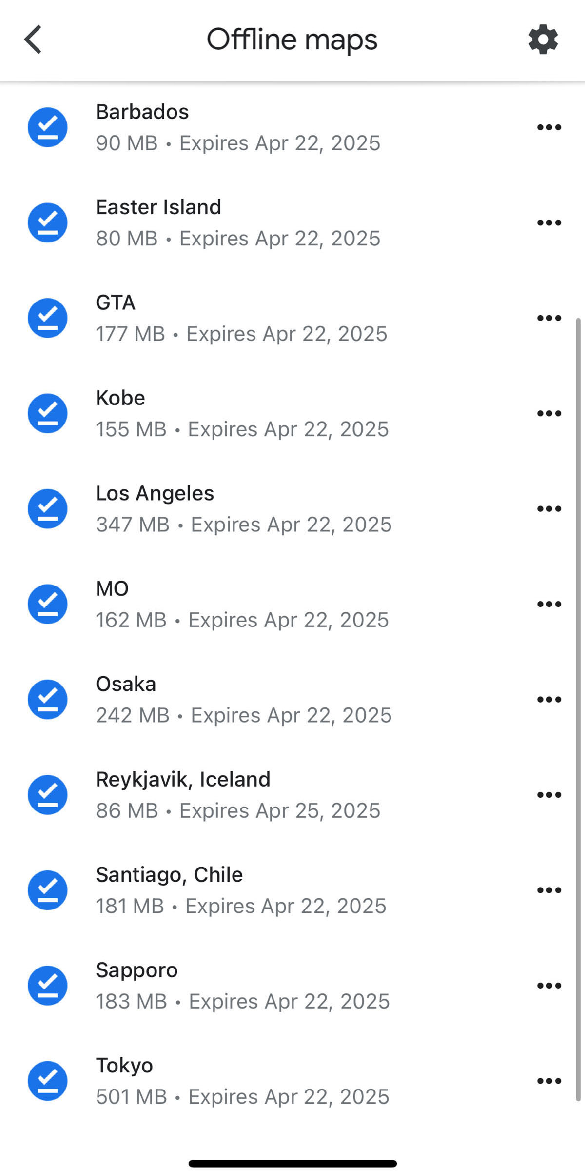list of all offline google maps saved in profile