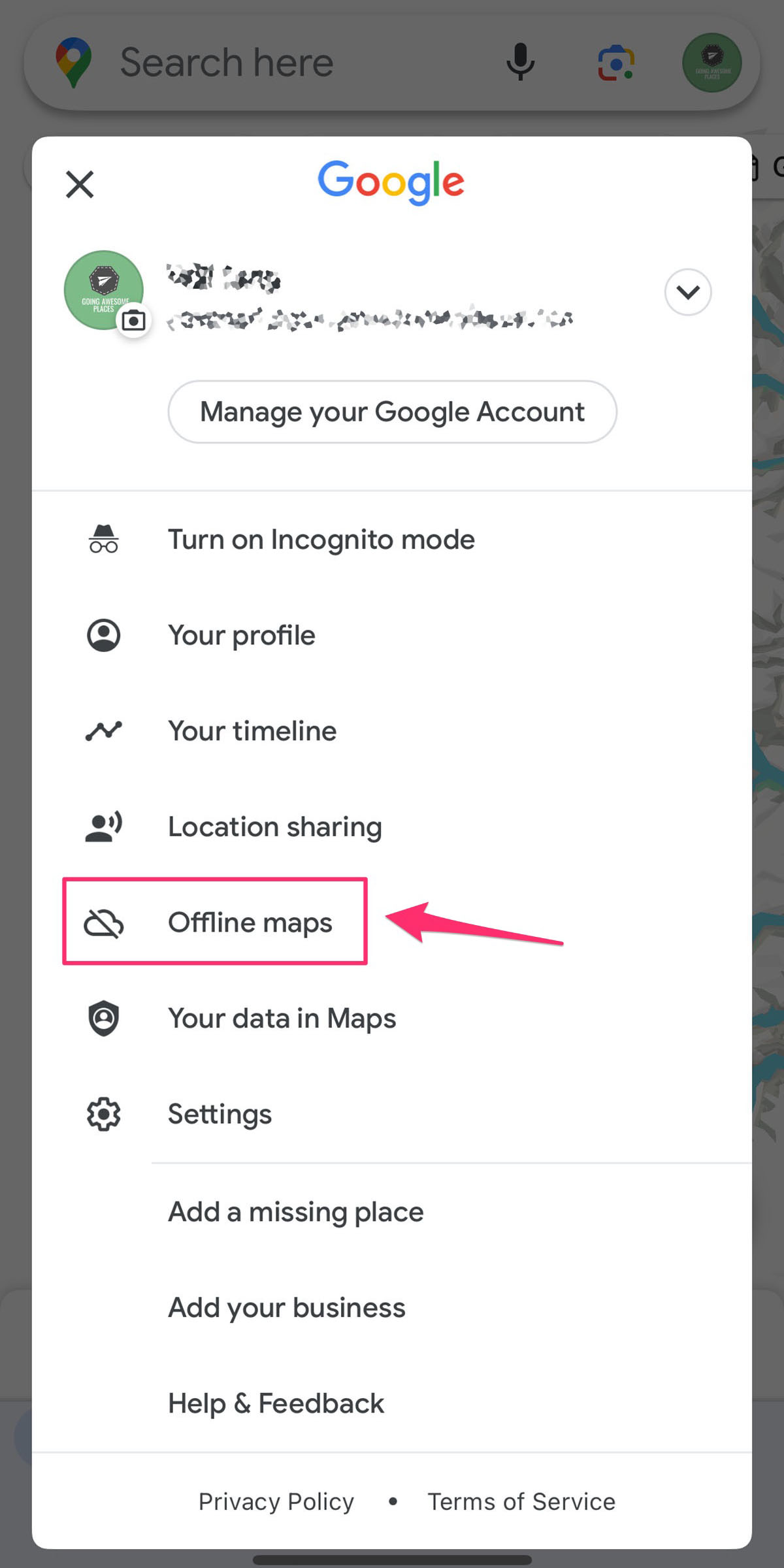 opening google maps offline in profile menu