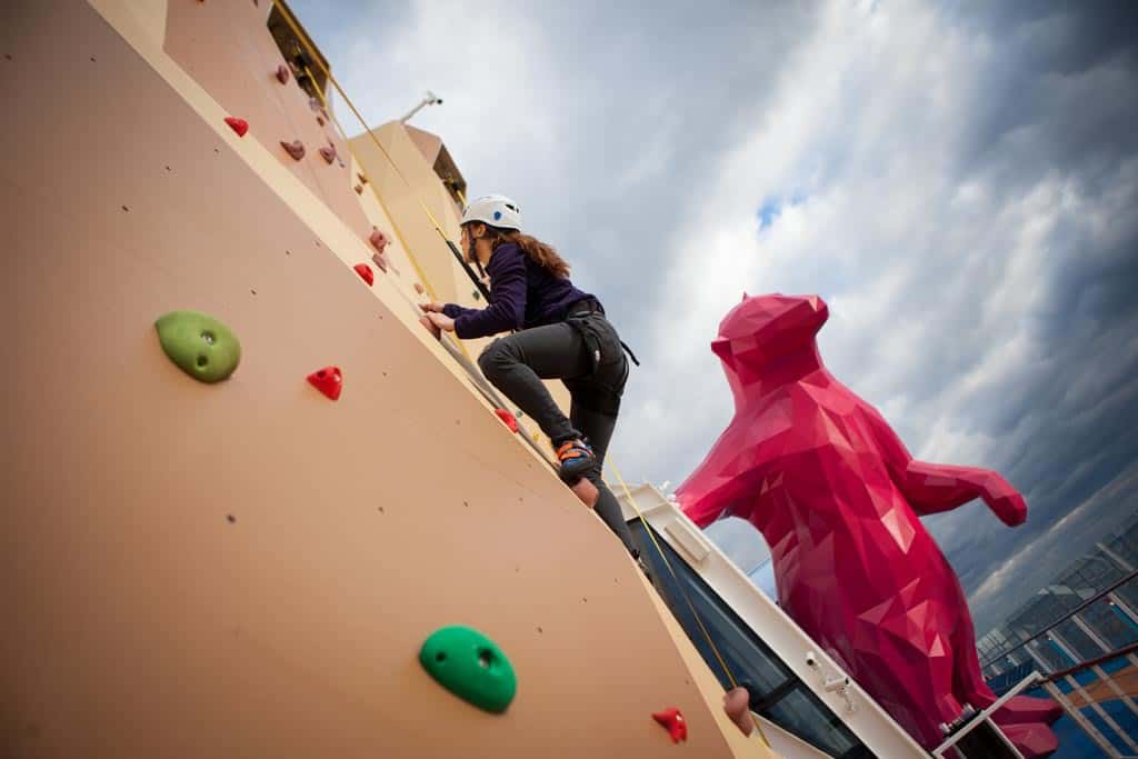 Rock climbing with a friendly pink bear on quantum of the seas