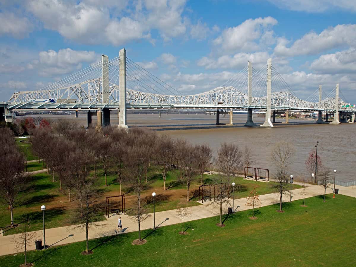 aerial view over waterfront park in front of bridge crossing the ohio river