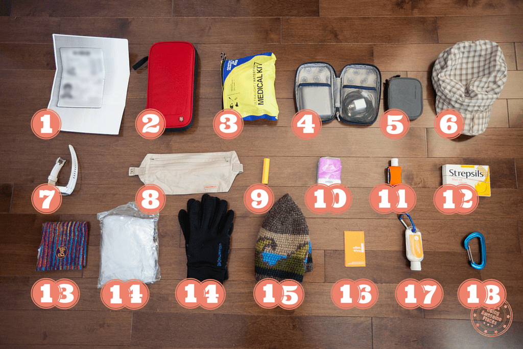 packing list of travel essentials numbered