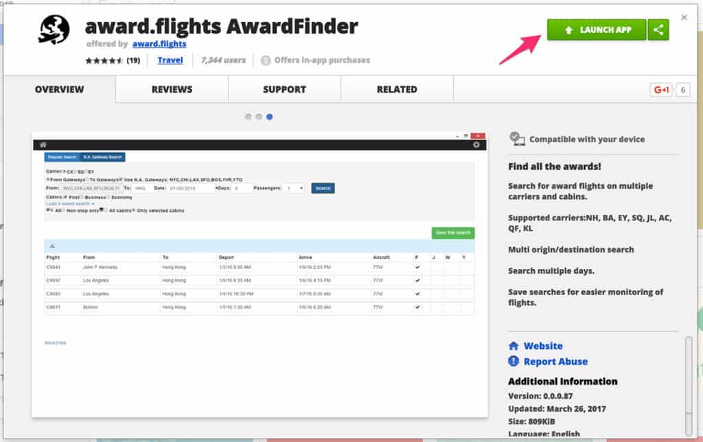 Launch Award Finder from Chrome