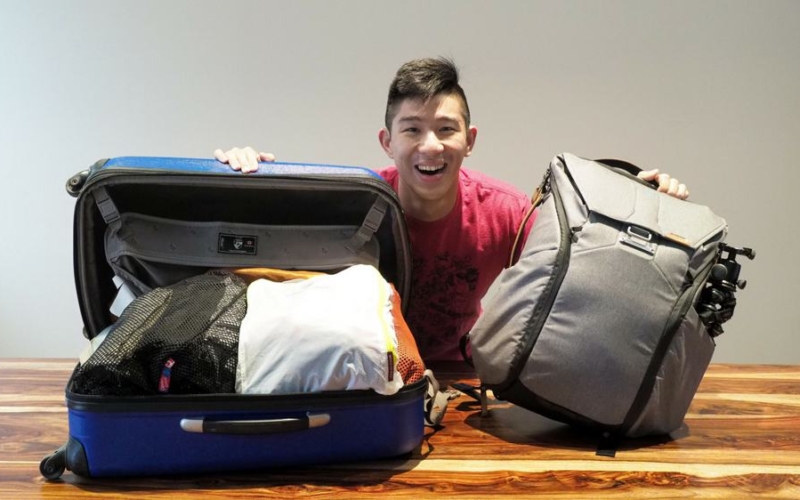packing light with carry-on suitcase and backpack