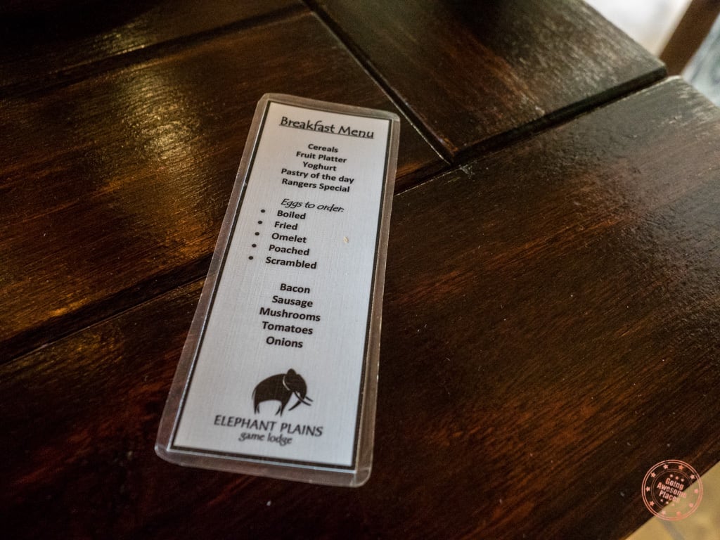Elephant Plains a-la-carte menu for breakfast