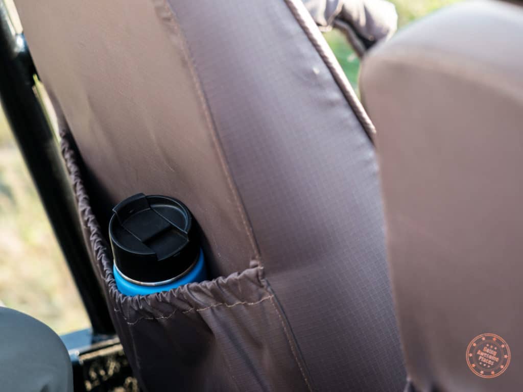 hydroflask in seat pocket of safari truck