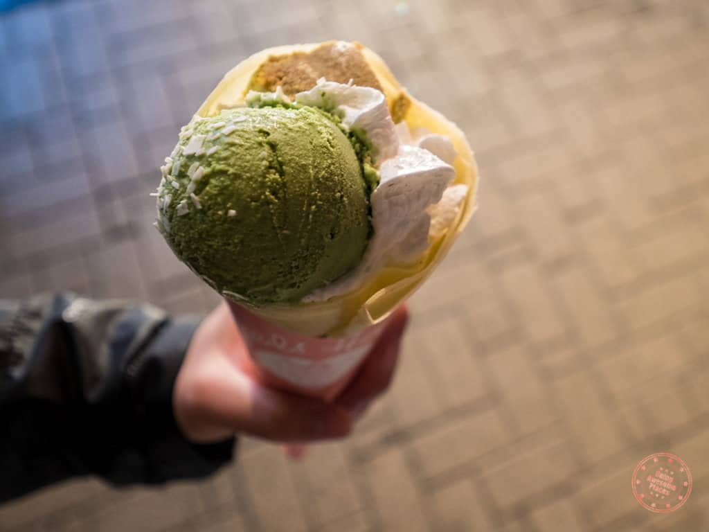 matcha green tea ice cream and cheesecake crepe in harajuku