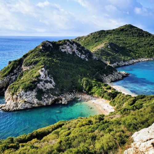 aerial view of greek island and ocean