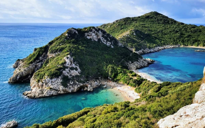 aerial view of greek island and ocean