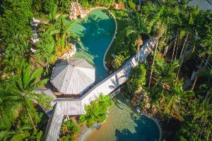 aerial view of private villa with pool at cairns colonial club resort