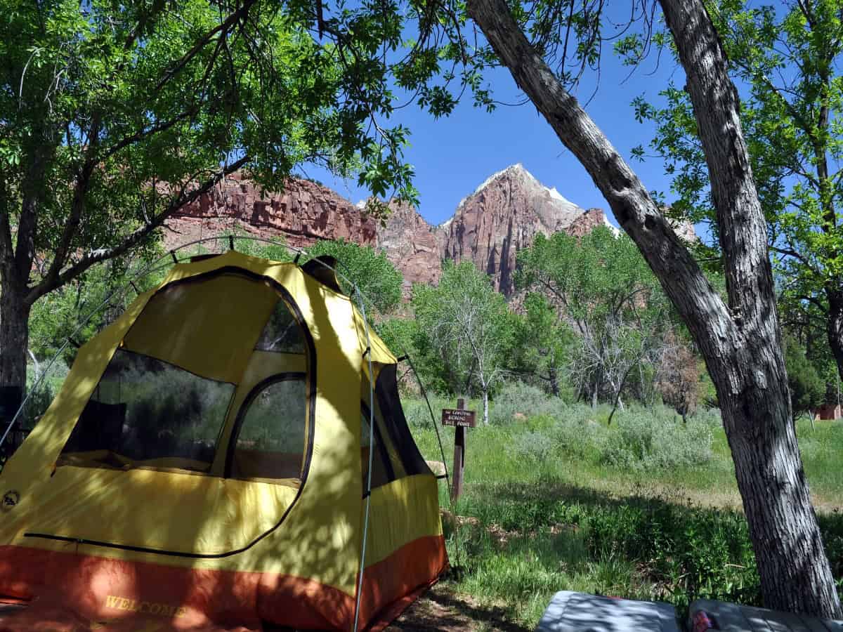 tent setup in front of cliffs at south campground