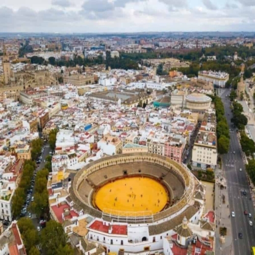 sky view of seville city with many houses and business in view
