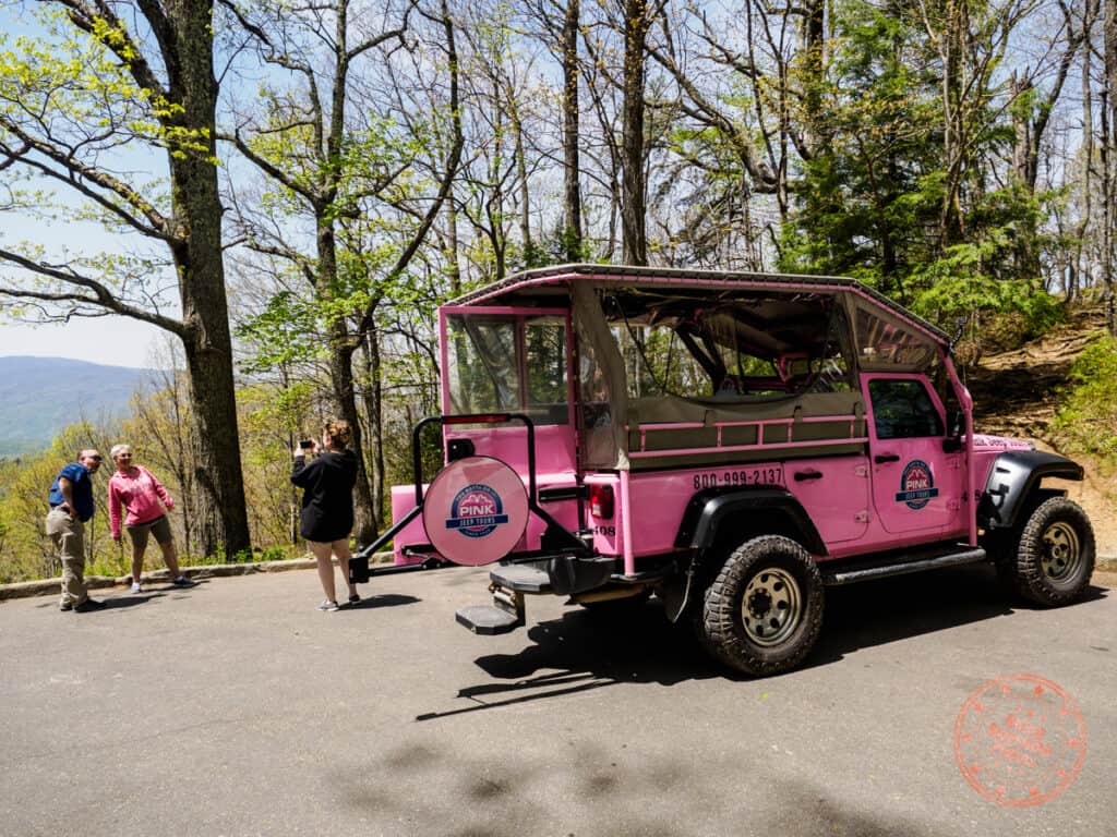 pink jeep tours roaring fork smoky mountains tour with guests taking photos of the landscape