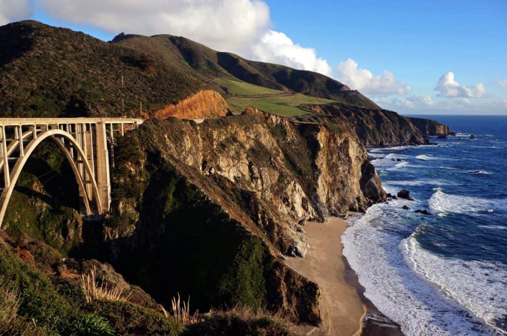 Coastline of Big Sur cliffs along shoreline with oceans waves