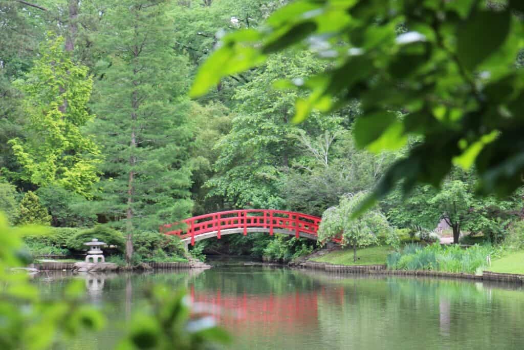 red bridge across pond at Sarah P Duke Gardens