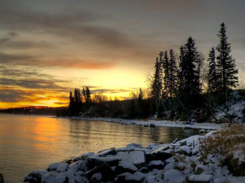 Cold Lake Alberta at sunset during the winter