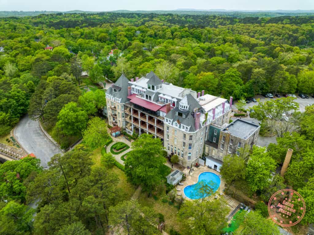aerial photography of the exterior of 1886 crescent hotel and spa in eureka springs