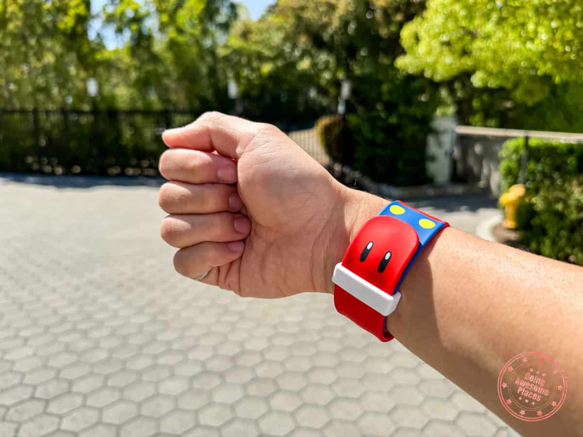 example of optional power up band securement sleeve on a mario band to help improve fit
