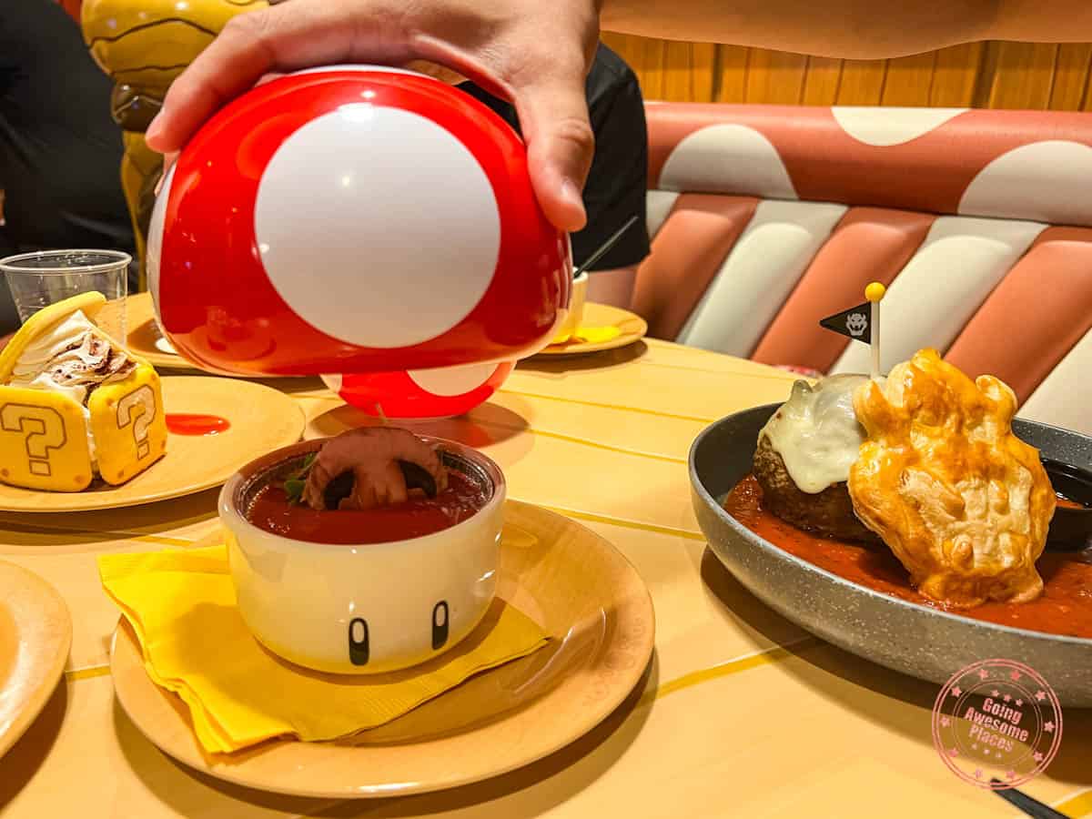 tomato soup with souvenir mushroom bowl