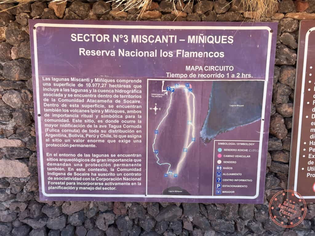 map of lagunas miscanti y miniques including parking lots viewpoints bathrooms and walking trails