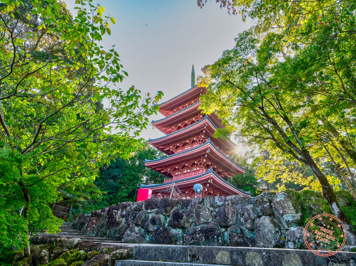 red pagoda of chikurin-ji temple in godaisan park