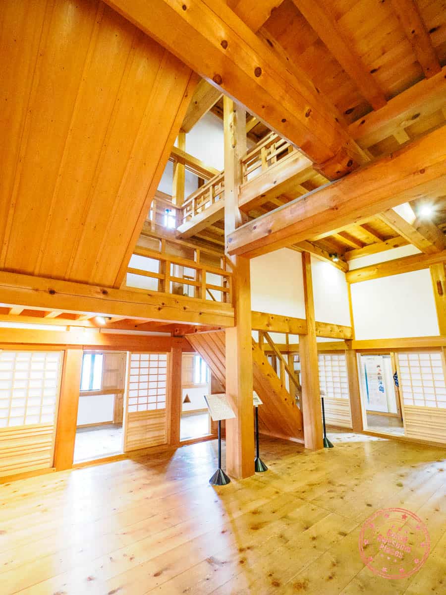 newly built ozu castle interior wood beams