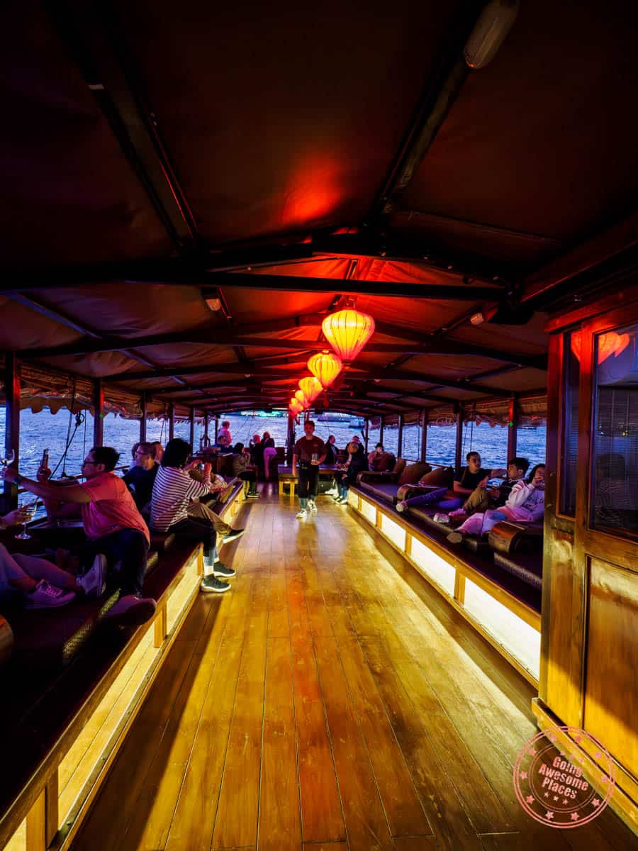 inside the covered upper deck of aqualuna junk boat