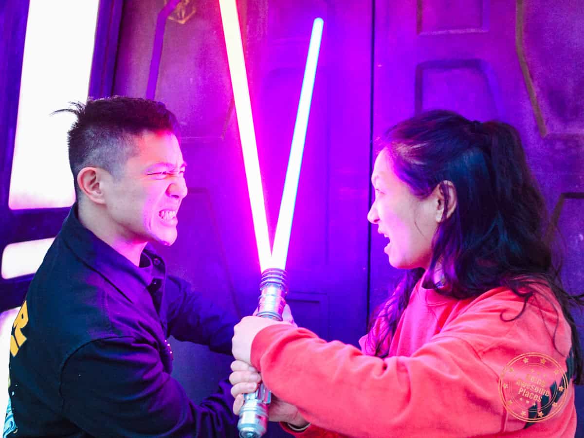 lightsaber duel in hollywood studios galaxy's edge with photopass