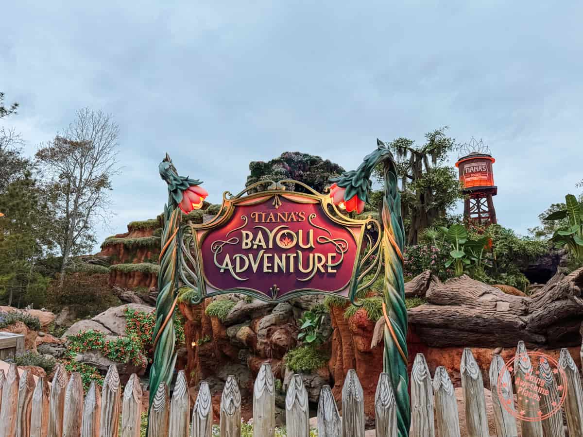 tiana's bayou adventure ride sign at magic kingdom