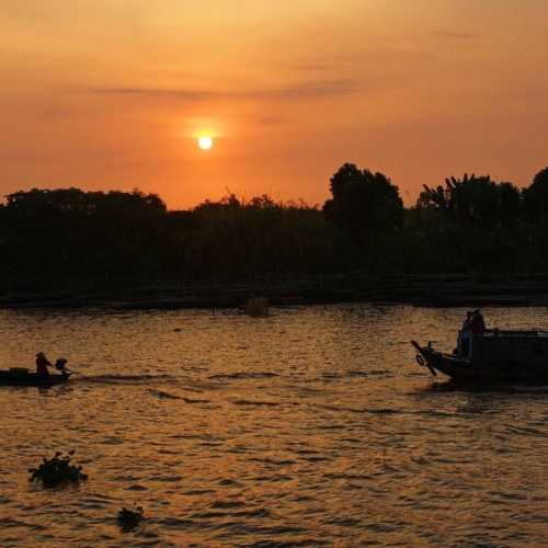 Two boats travel along a river at sunset, with the sun low in the sky and silhouettes of trees and plants lining the riverbank.