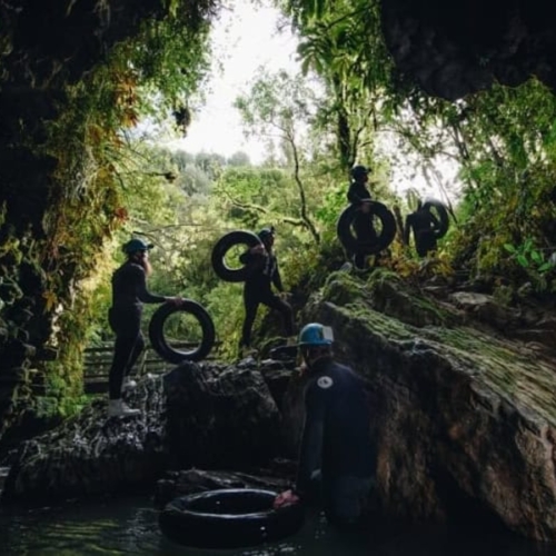 A group of people wearing helmets and wetsuits carry inner tubes through a rocky, forested cave entrance with foliage overhead.