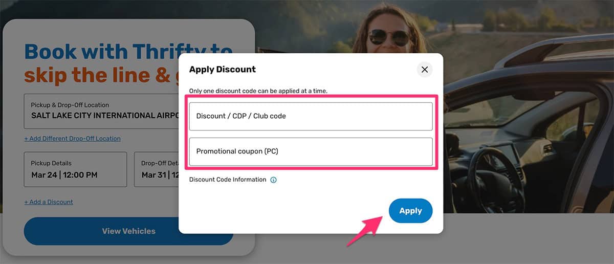 step 2 for how to apply thrifty car rental promo codes