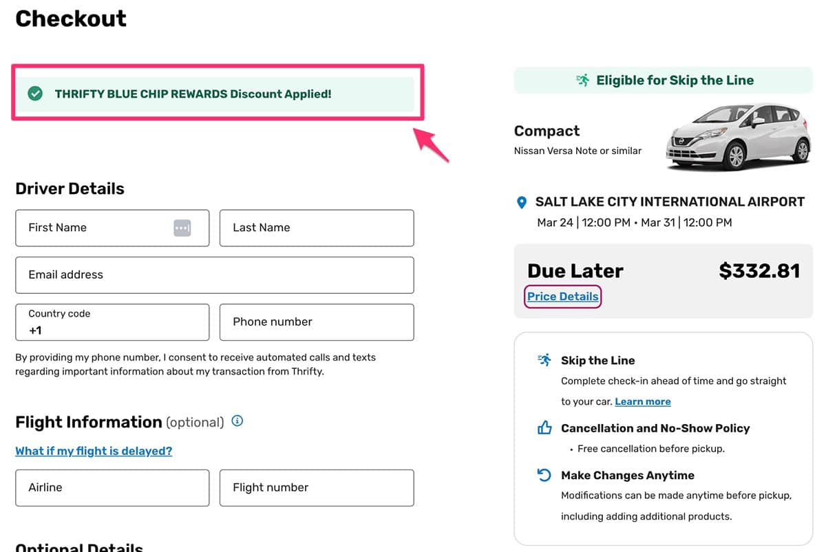step 4 for how to apply thrifty car rental promo codes