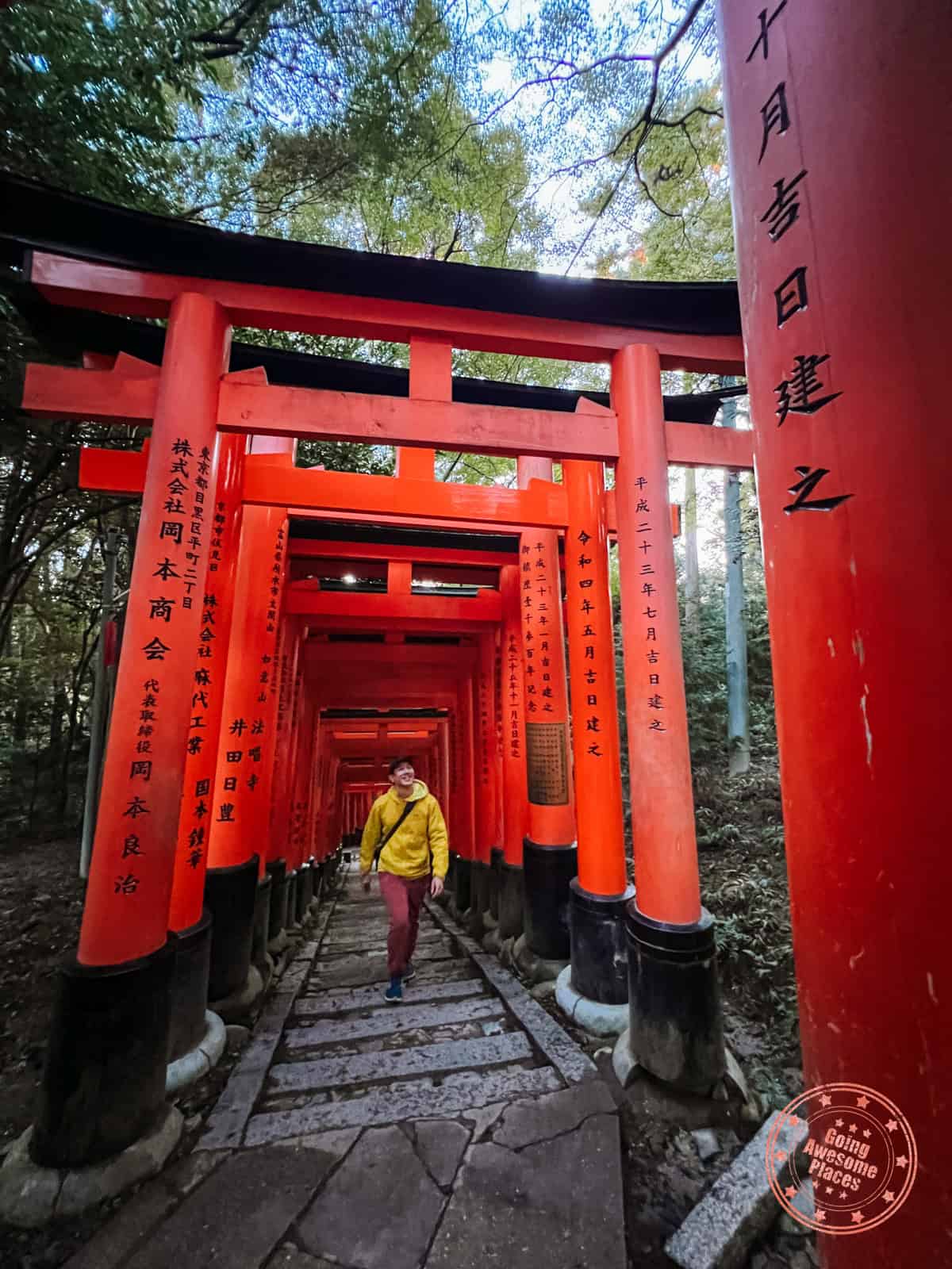 10 Day Japan Itinerary For First Timers - Modern Golden Route man with yellow jacket walking through red torii gates at fushimi inari shrine in kyoto