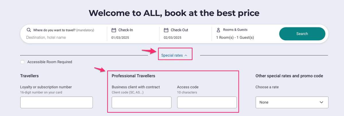 step 1 for how to enter corporate codes on accor site