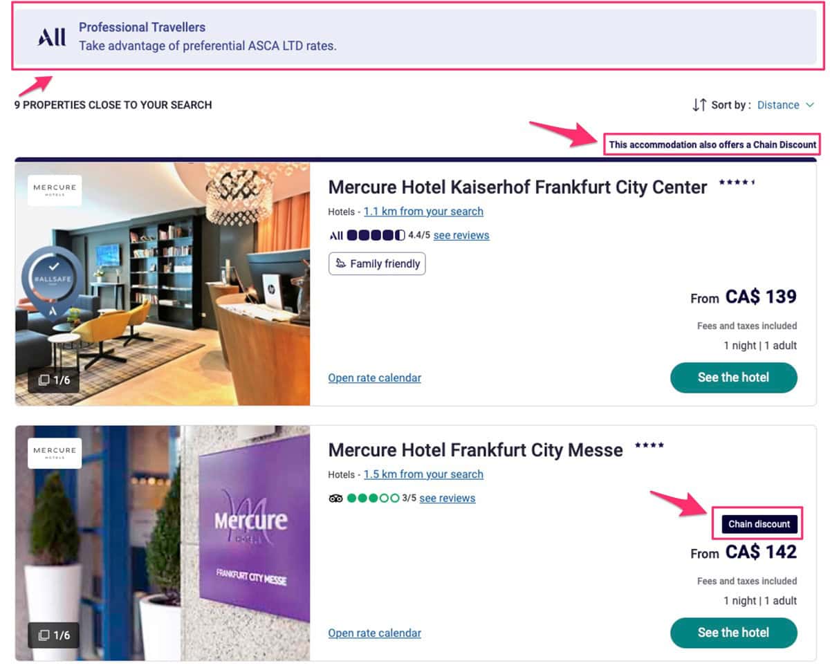 accor search results with corporate codes applied