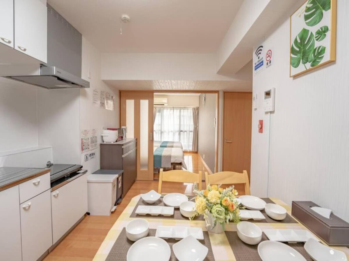 view of dining, kitchen and sleeping area