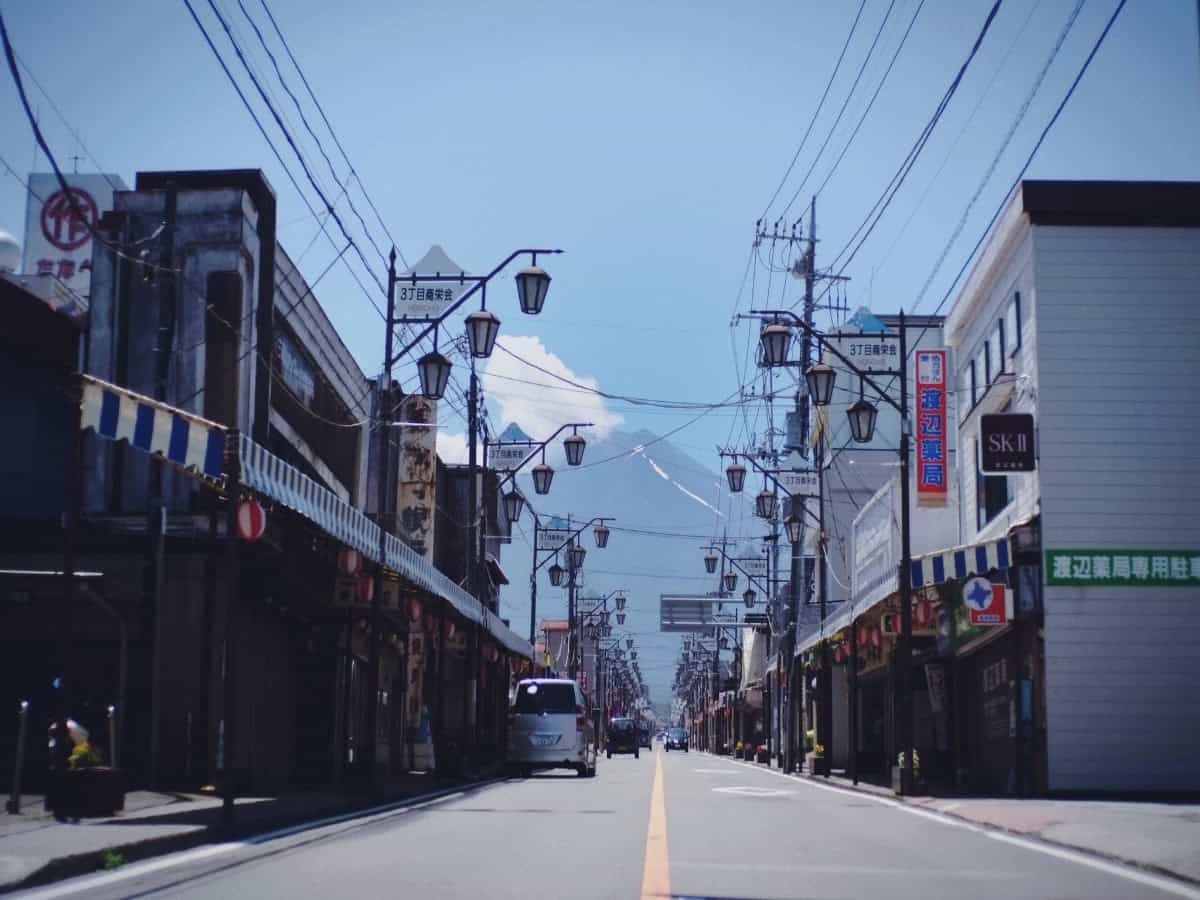 distant view of mt fuji from fuji michi street in fujiyoshida