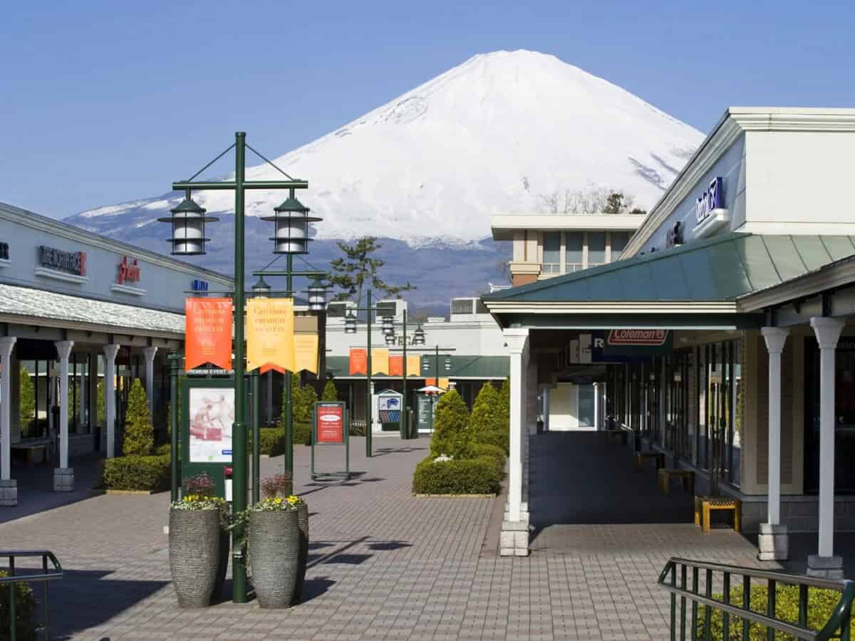 shops in the gotemba shopping district with view of mt fuji