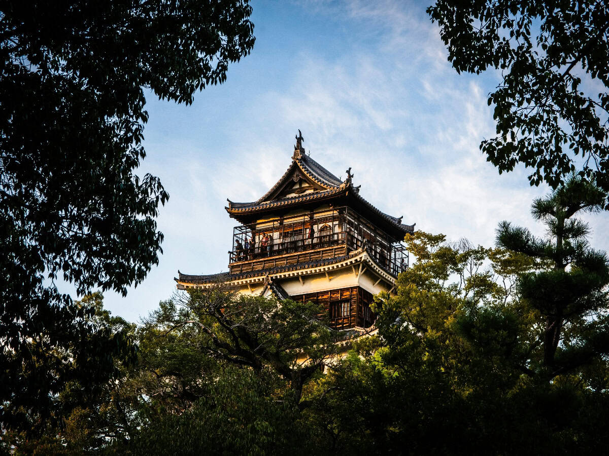 view of hiroshima castle through some trees