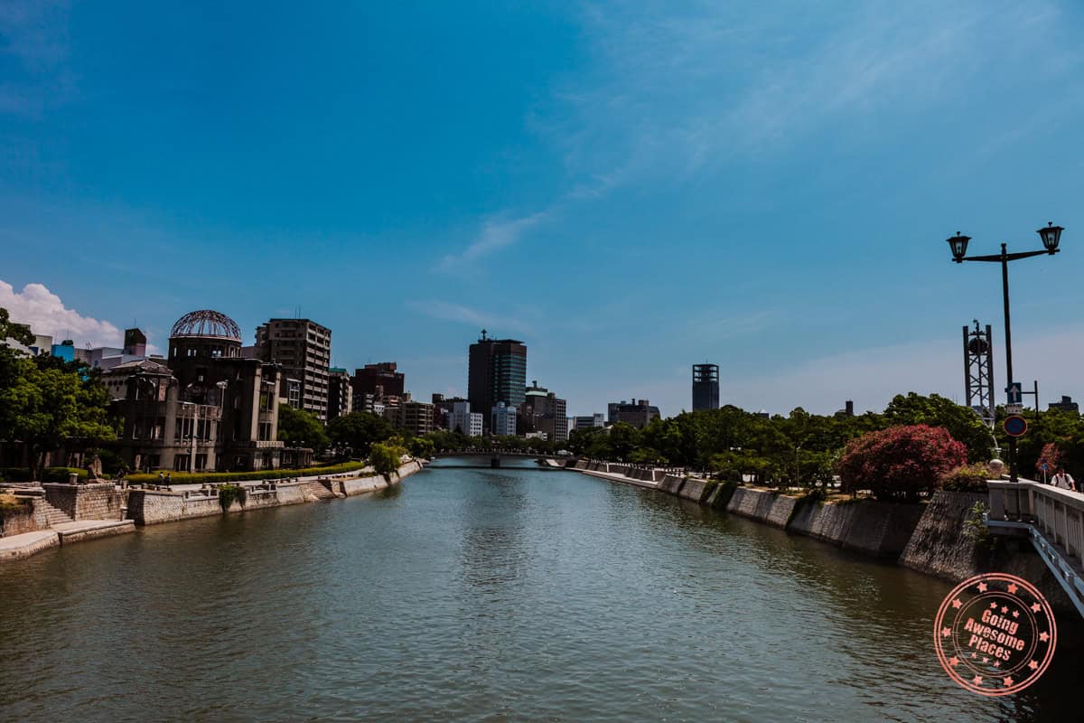 view of motoyasu river running through buildings of hiroshima
