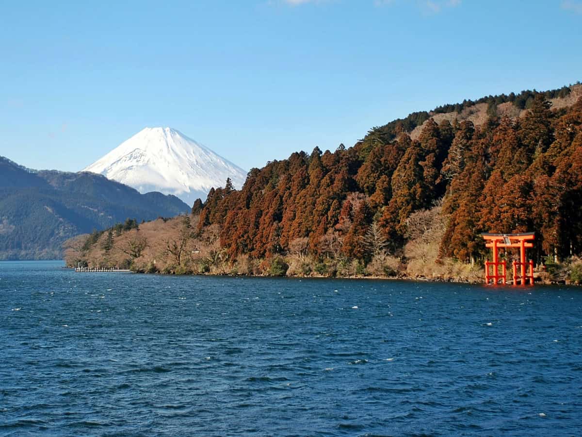 torri gate on lake ashinoko with mt fuji in distance