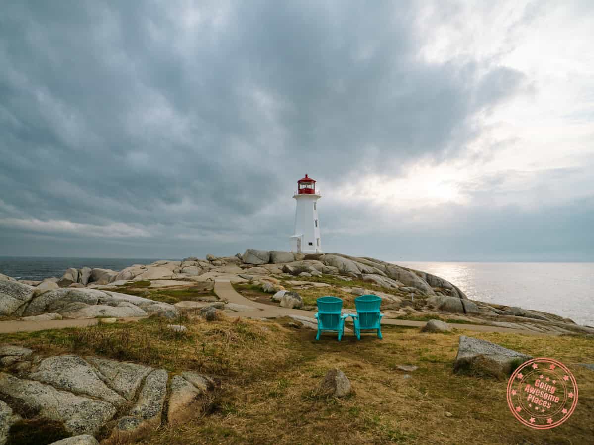 blue chairs at peggy's cove lighthouse
