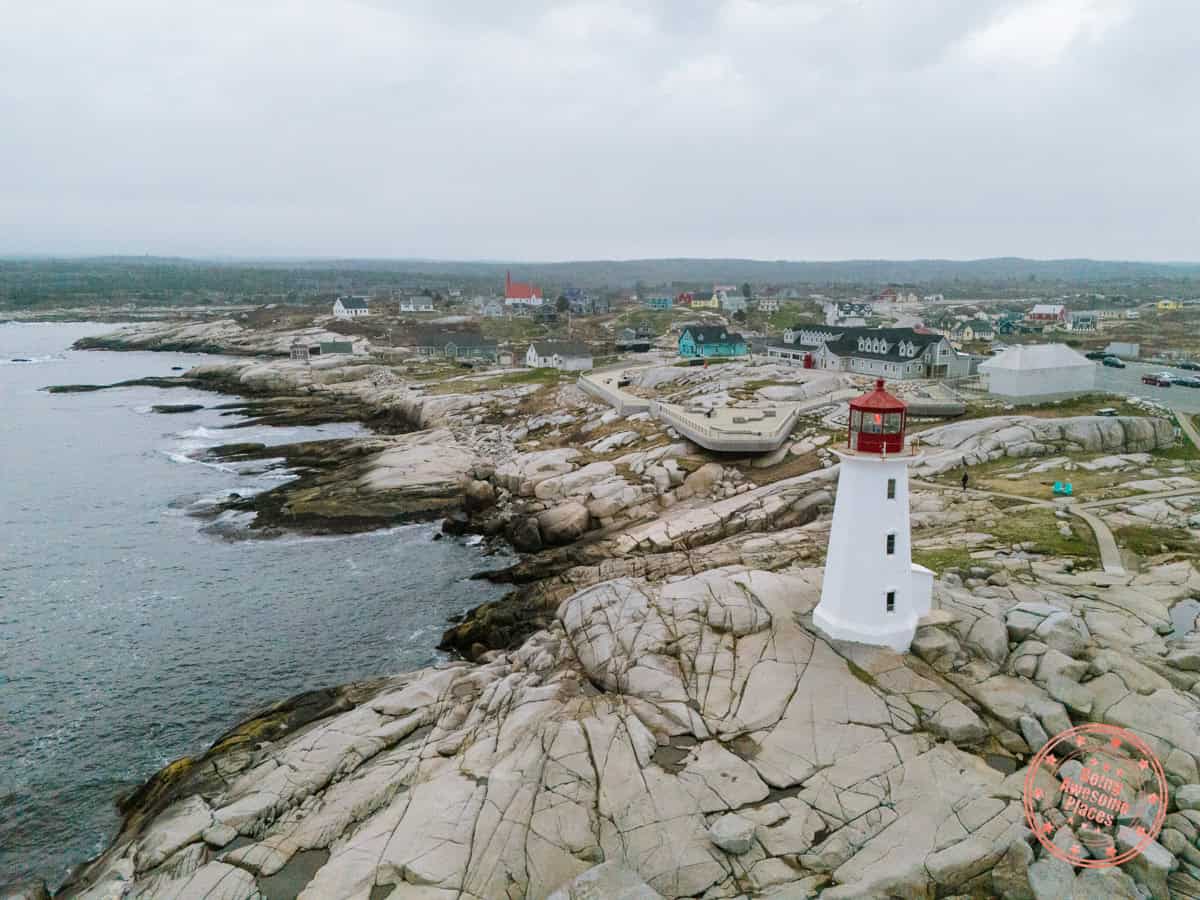 peggy's cove lighthouse aerial with view of two platforms