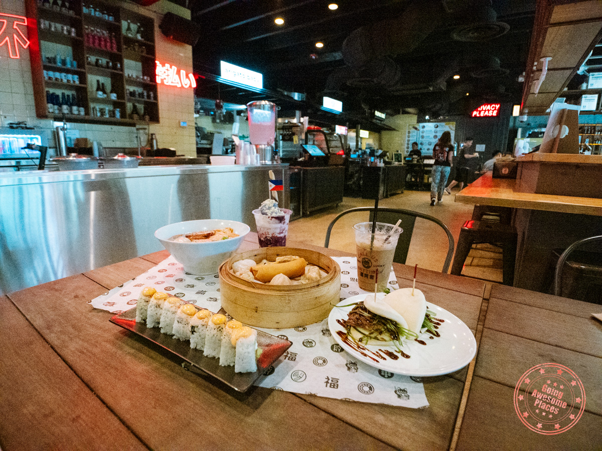 1-800-lucky asian food hall spread of dishes