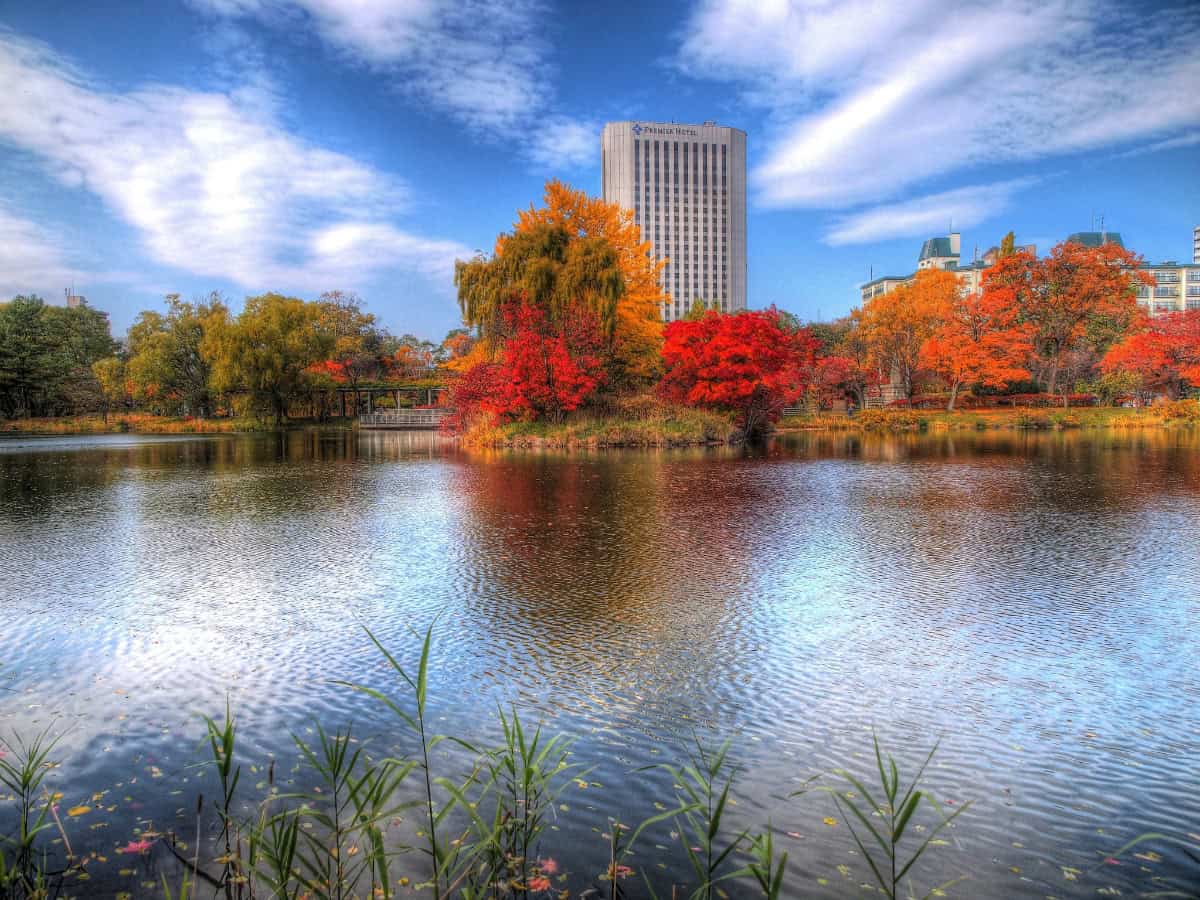 pond in front of colorful fall trees in nakajima park