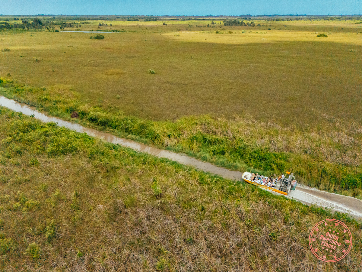 aerial shot of airboat tour with everglades alligator farm